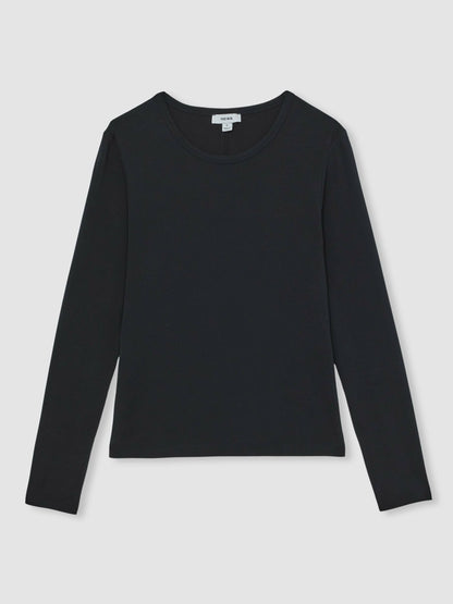 Cotton Crew-Neck Long-Sleeve T-Shirt With Stretch in Black | Reiss Women Best Seller