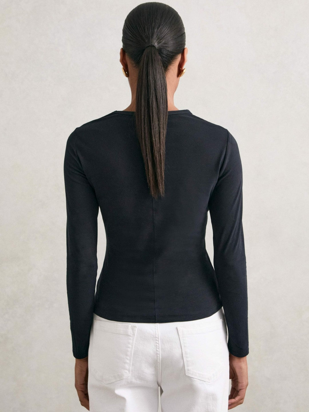 Cotton Crew-Neck Long-Sleeve T-Shirt With Stretch in Black | Reiss Women Best Seller