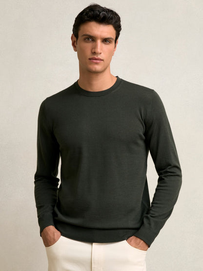 Merino Wool Crew Neck Jumper in Dark Military Green | Reiss Men New