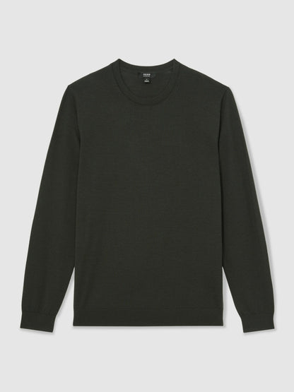 Merino Wool Crew Neck Jumper in Dark Military Green | Reiss Men New