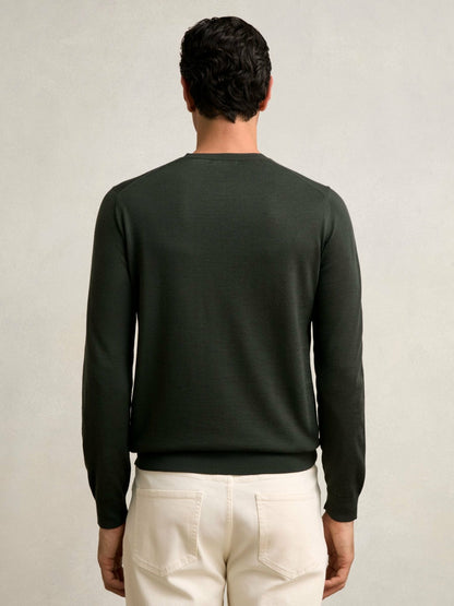 Merino Wool Crew Neck Jumper in Dark Military Green | Reiss Men New