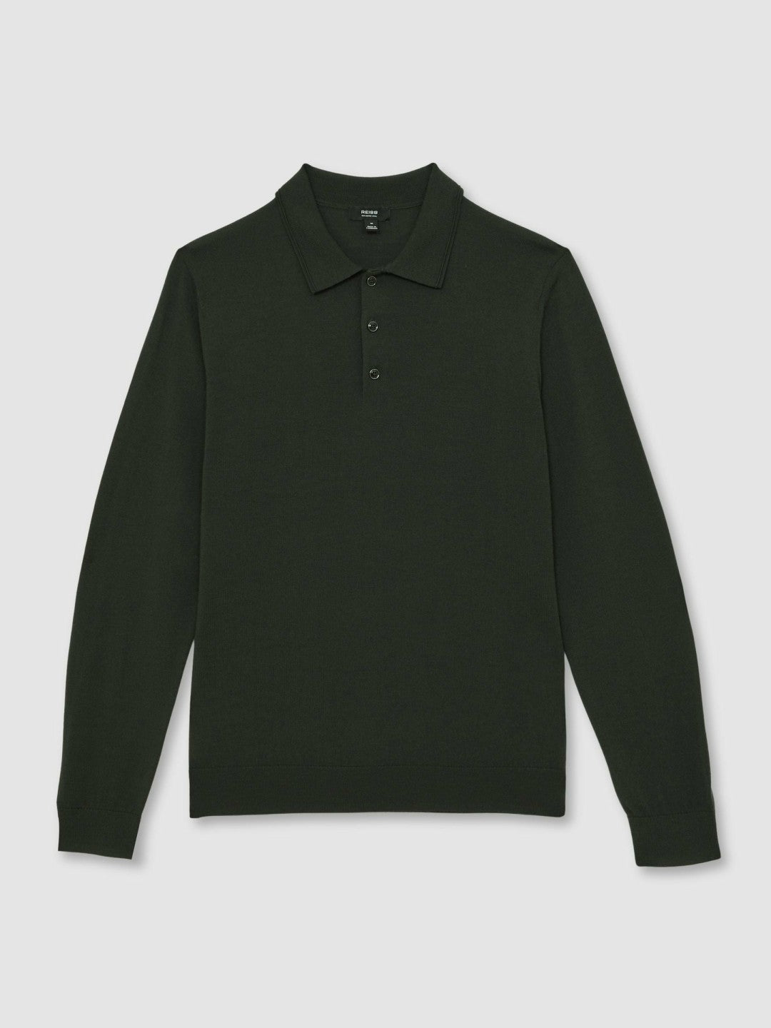 Merino Wool Long-Sleeve Polo Shirt in Dark Military Green | Reiss Men Best Seller