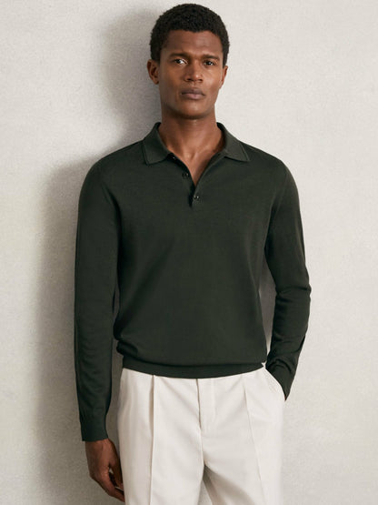 Merino Wool Long-Sleeve Polo Shirt in Dark Military Green | Reiss Men Best Seller