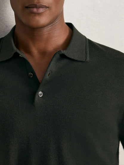 Merino Wool Long-Sleeve Polo Shirt in Dark Military Green | Reiss Men Best Seller