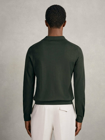 Merino Wool Long-Sleeve Polo Shirt in Dark Military Green | Reiss Men Best Seller