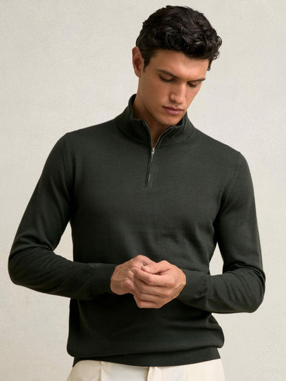 Merino Wool Half-Zip Jumper in Dark Military Green | Reiss Men Featured