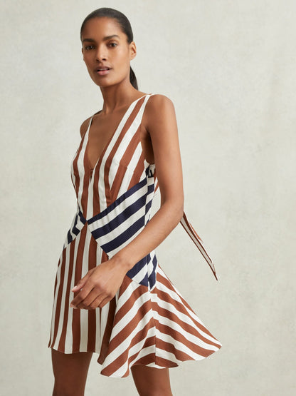 Stripe-Print Sleeveless Mini Dress in Brown/Navy | Reiss Women Best Seller