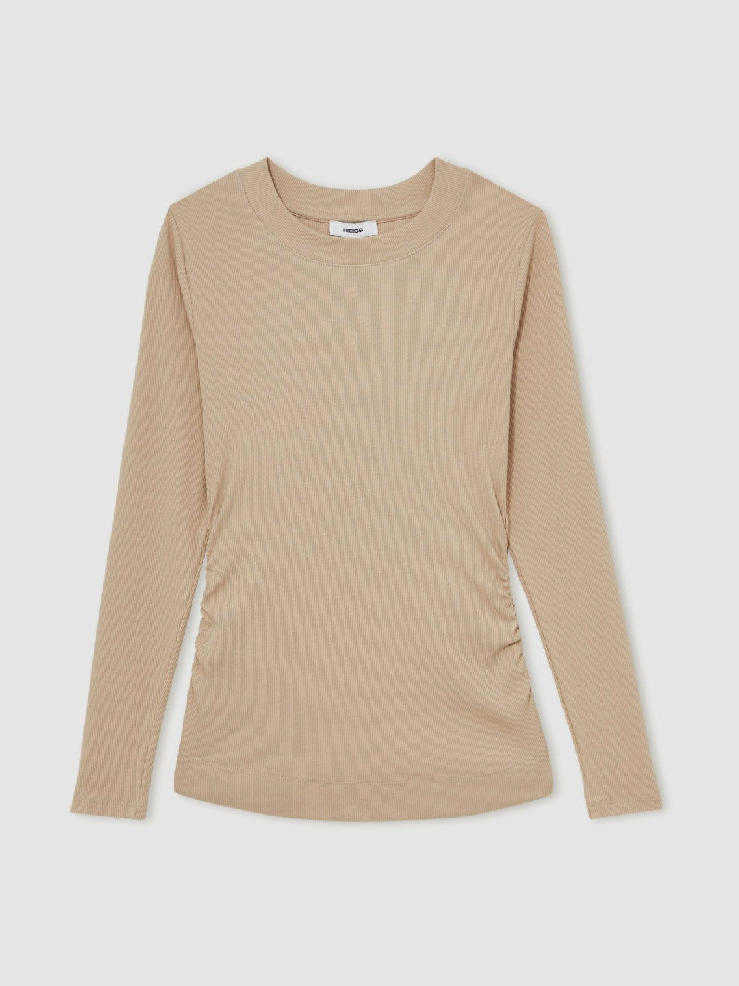 Cotton Long-Sleeve Ruched T-Shirt with Stretch in Camel | Reiss Women Recommended