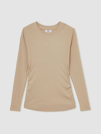 Cotton Long-Sleeve Ruched T-Shirt with Stretch in Camel | Reiss Women Recommended