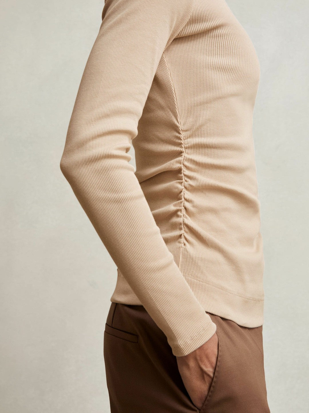 Cotton Long-Sleeve Ruched T-Shirt with Stretch in Camel | Reiss Women Recommended