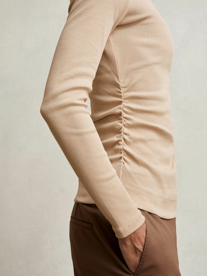 Cotton Long-Sleeve Ruched T-Shirt with Stretch in Camel | Reiss Women Recommended