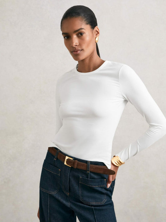 Cotton Crew-Neck Long-Sleeve T-Shirt With Stretch in White | Reiss Women Featured