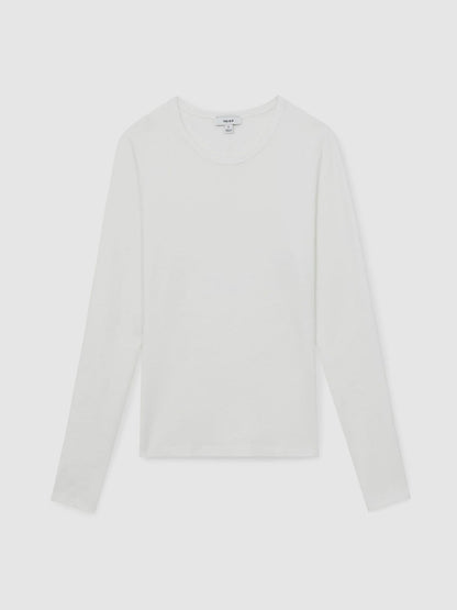Cotton Crew-Neck Long-Sleeve T-Shirt With Stretch in White | Reiss Women Featured