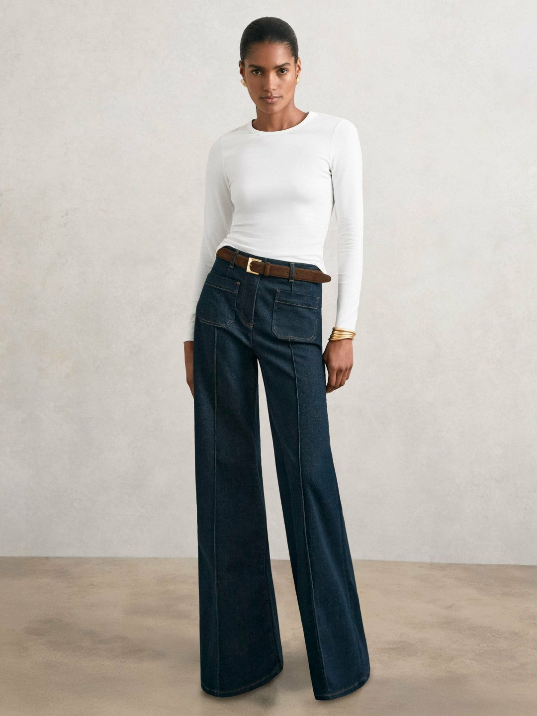 Cotton Crew-Neck Long-Sleeve T-Shirt With Stretch in White | Reiss Women Featured