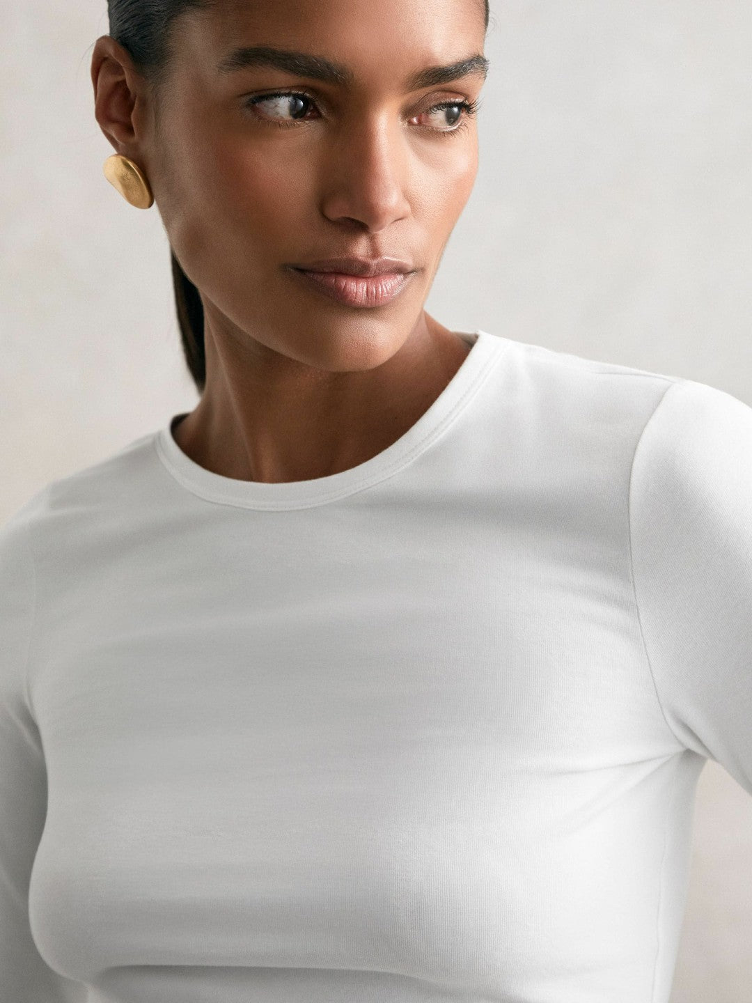 Cotton Crew-Neck Long-Sleeve T-Shirt With Stretch in White | Reiss Women Featured