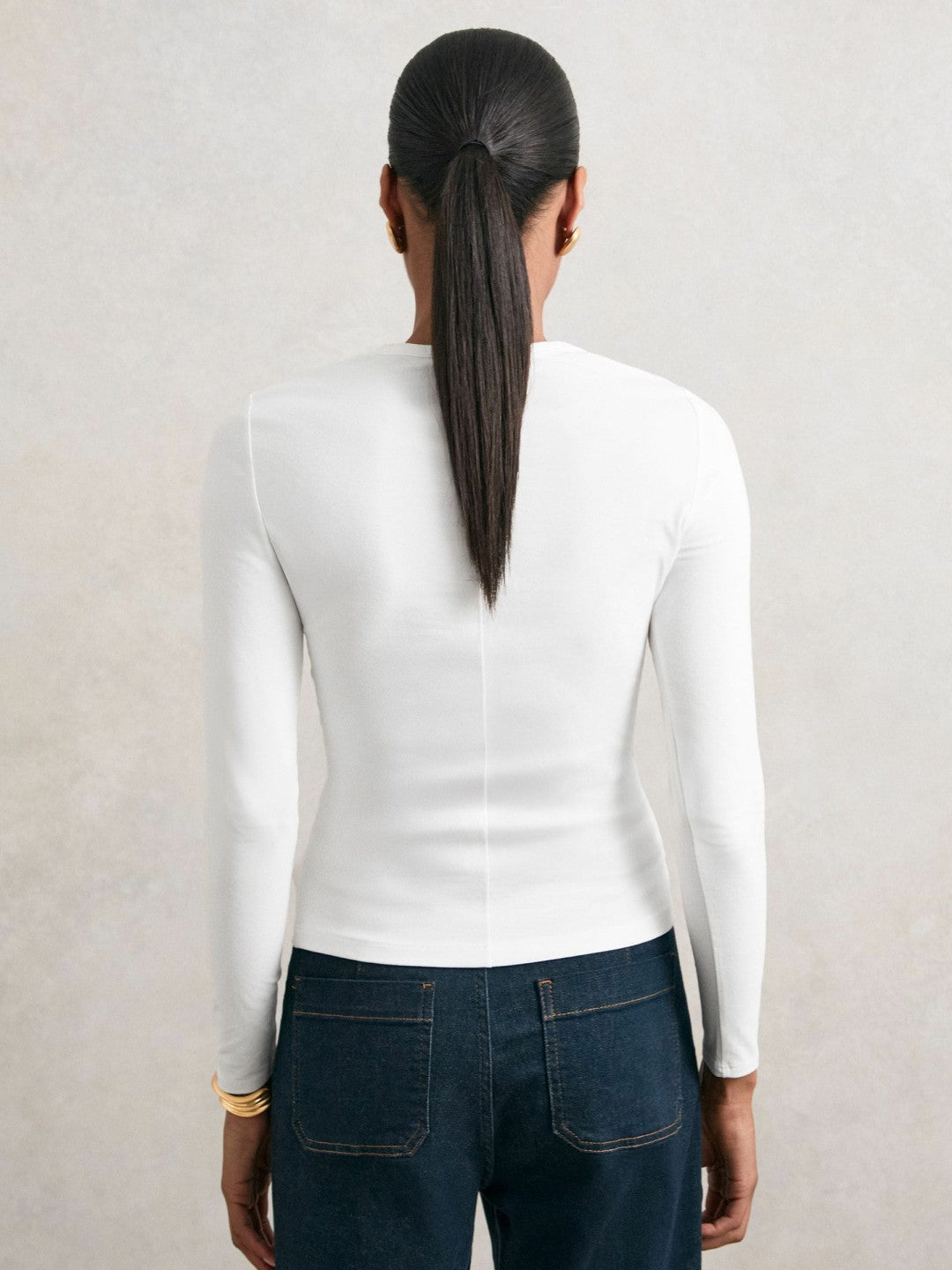 Cotton Crew-Neck Long-Sleeve T-Shirt With Stretch in White | Reiss Women Featured