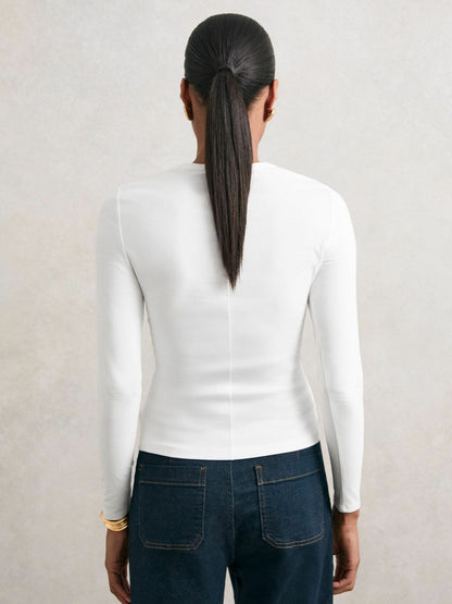 Cotton Crew-Neck Long-Sleeve T-Shirt With Stretch in White | Reiss Women Featured