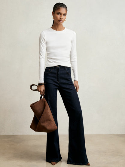Cotton Long-Sleeve Ruched T-Shirt with Stretch in White | Reiss Women Trending