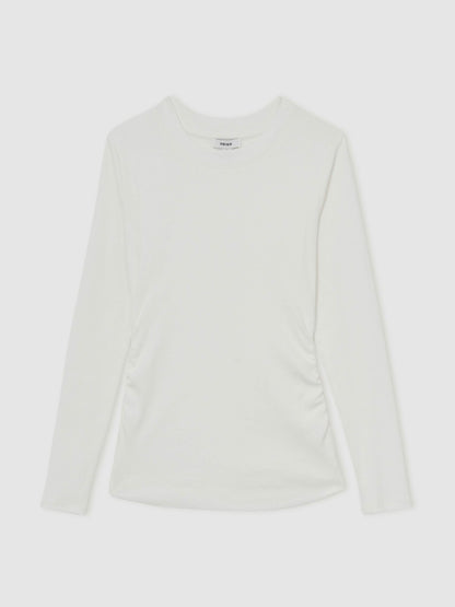 Cotton Long-Sleeve Ruched T-Shirt with Stretch in White | Reiss Women Trending