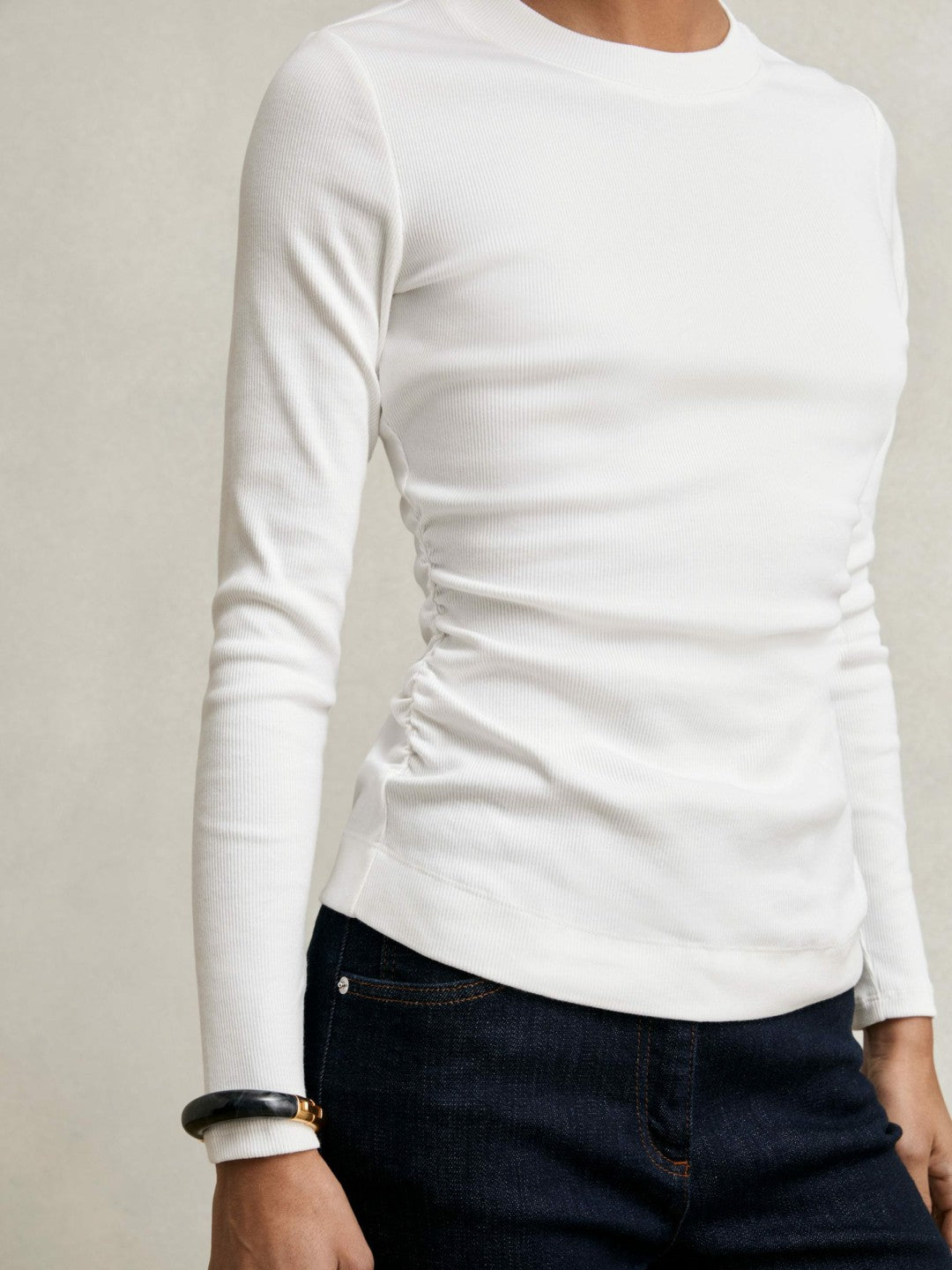 Cotton Long-Sleeve Ruched T-Shirt with Stretch in White | Reiss Women Trending