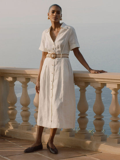 Linen Belted Midi Shirt Dress in Ivory | Reiss Women Featured