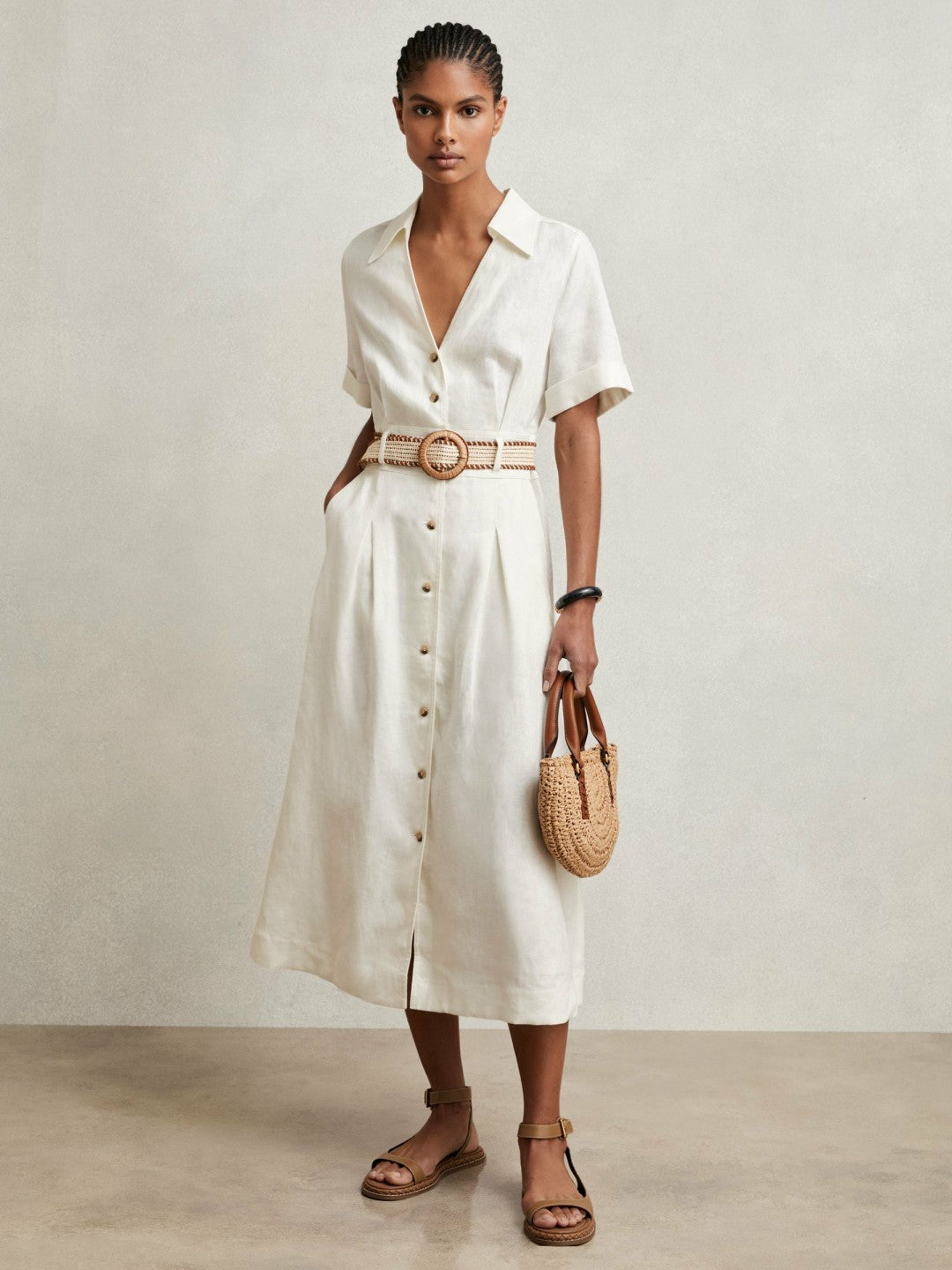 Linen Belted Midi Shirt Dress in Ivory | Reiss Women Featured