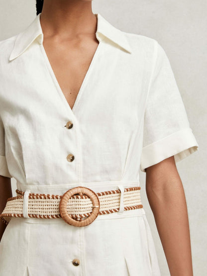 Linen Belted Midi Shirt Dress in Ivory | Reiss Women Featured