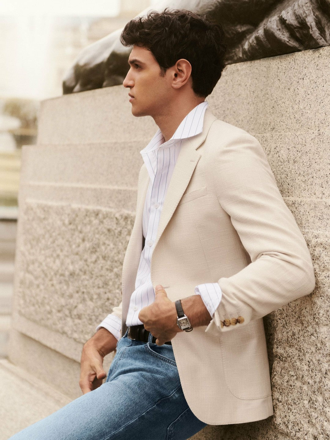 Slim Fit Single Breasted Textured Blazer with Cotton in Stone | Reiss Men Featured