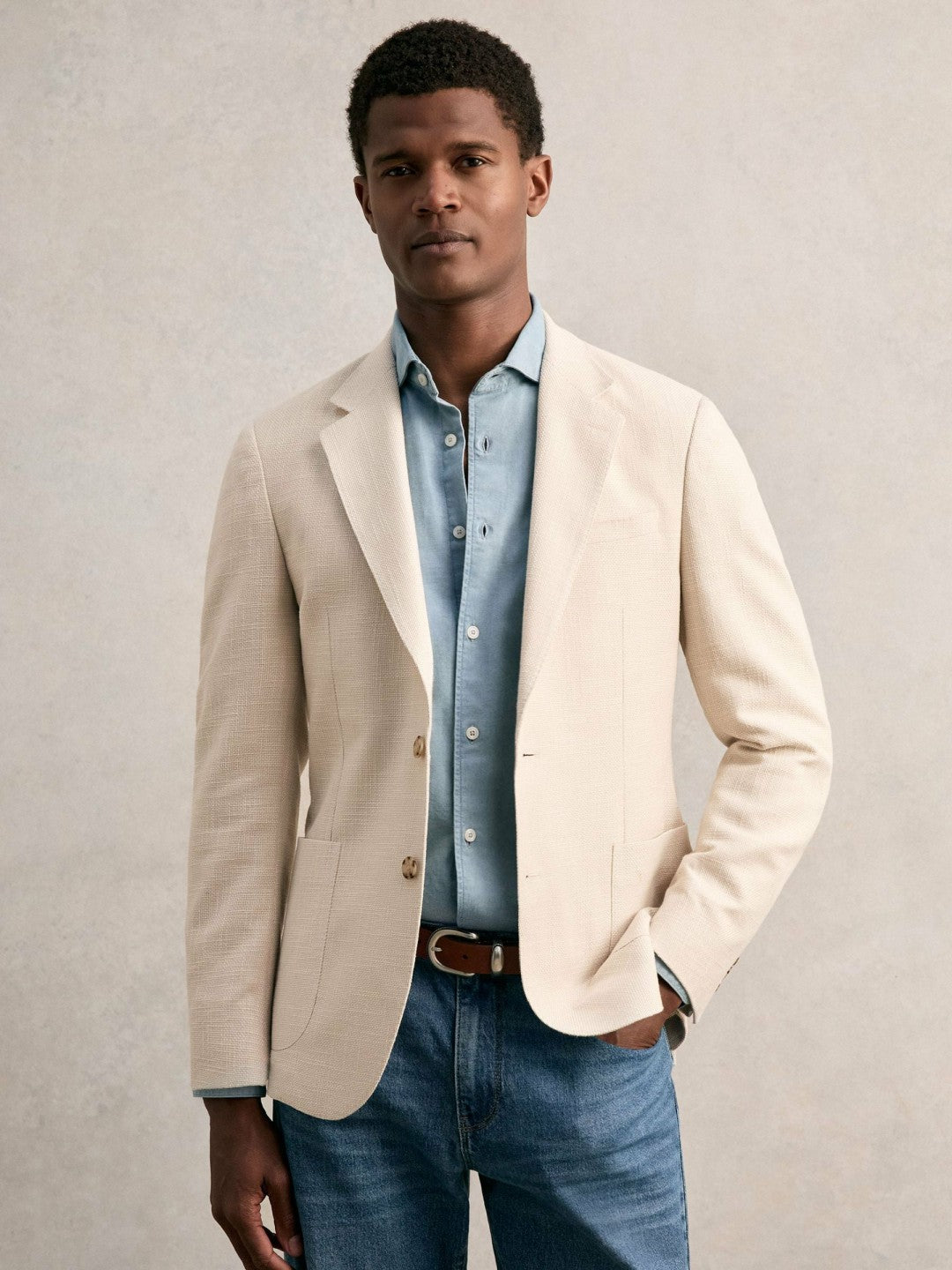 Slim Fit Single Breasted Textured Blazer with Cotton in Stone | Reiss Men Featured