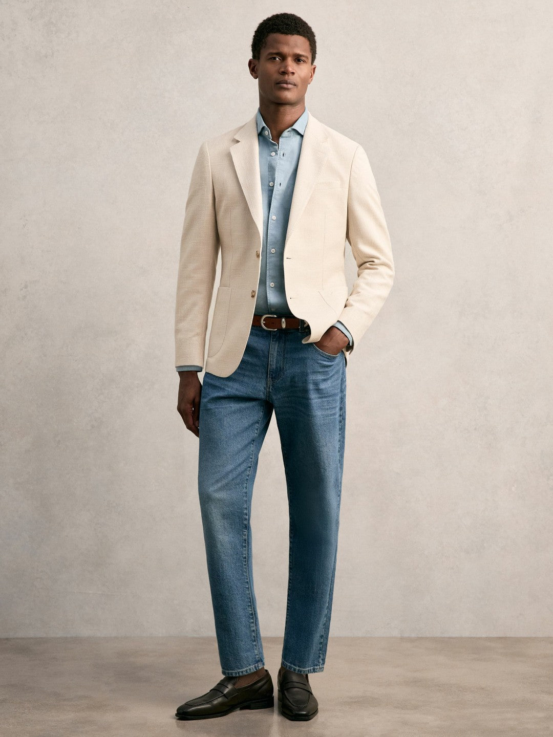 Slim Fit Single Breasted Textured Blazer with Cotton in Stone | Reiss Men Featured