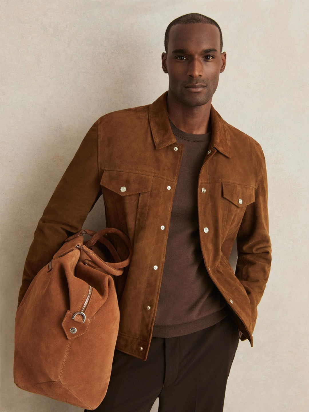 Suede Press Stud Trucker Jacket in Tobacco Brown | Reiss Men Premium