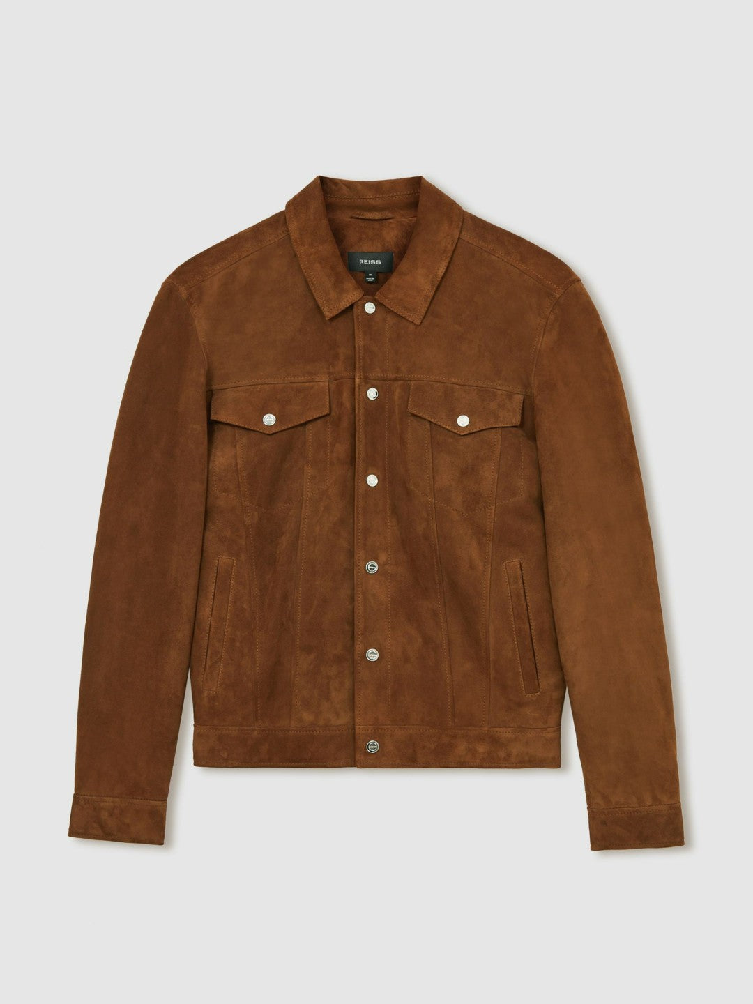 Suede Press Stud Trucker Jacket in Tobacco Brown | Reiss Men Premium