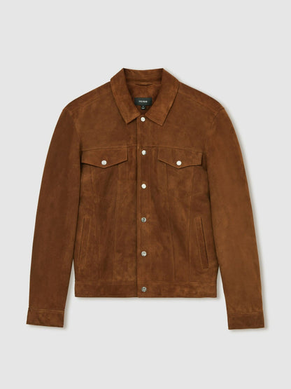 Suede Press Stud Trucker Jacket in Tobacco Brown | Reiss Men Premium