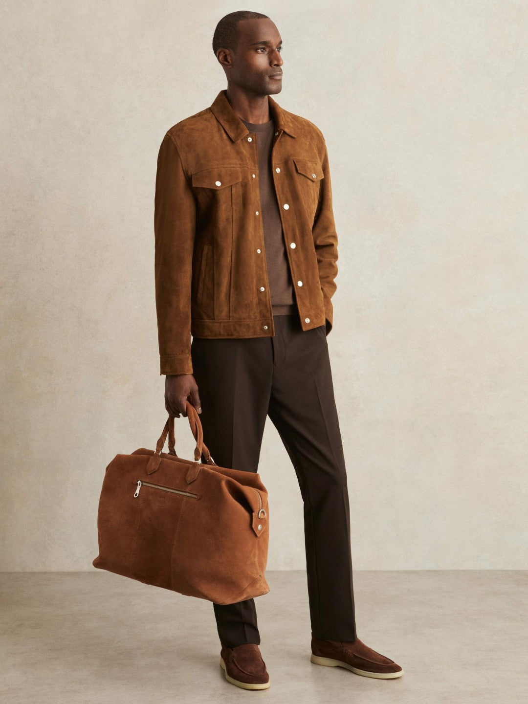 Suede Press Stud Trucker Jacket in Tobacco Brown | Reiss Men Premium
