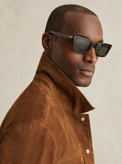 Suede Press Stud Trucker Jacket in Tobacco Brown | Reiss Men Premium