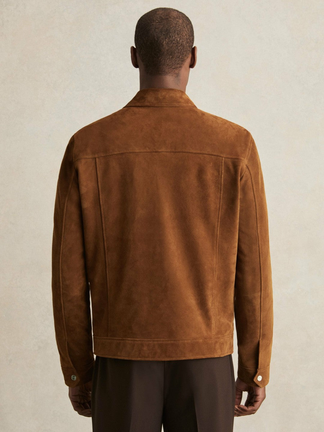 Suede Press Stud Trucker Jacket in Tobacco Brown | Reiss Men Premium