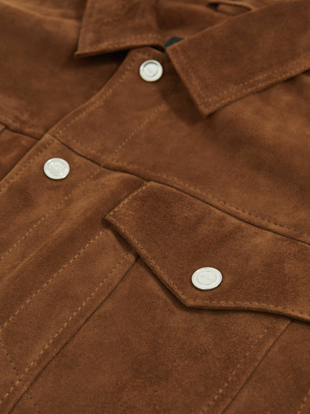 Suede Press Stud Trucker Jacket in Tobacco Brown | Reiss Men Premium