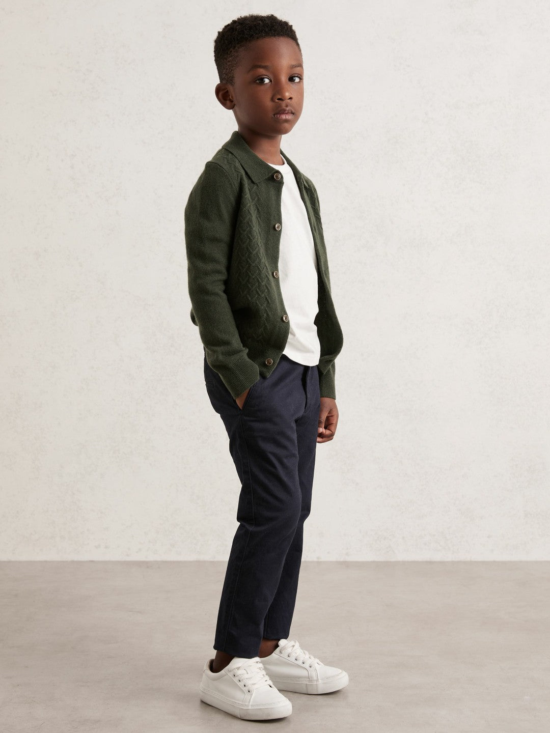 9-13 yrs Wool V-Stitch Button-Through Cardigan in Forest Green | Reiss Children & Baby Premium