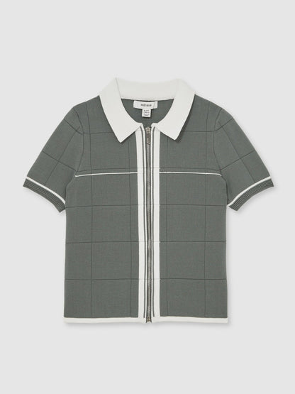 3-9 yrs Tipped Knit Zip-Through Shirt in Dark Sage Green | Reiss Children & Baby Popular
