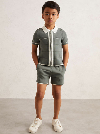 9-13 yrs Tipped Knit Zip-Through Shirt in Dark Sage Green | Reiss Children & Baby New