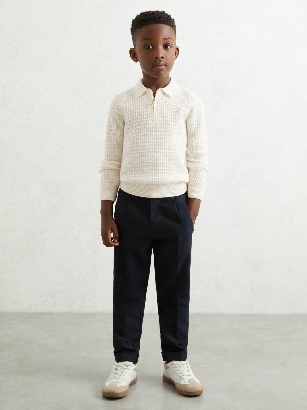 3-9 yrs Wool Waffle-Knit Half-Zip Polo Shirt in Off White | Reiss Children & Baby Exclusive