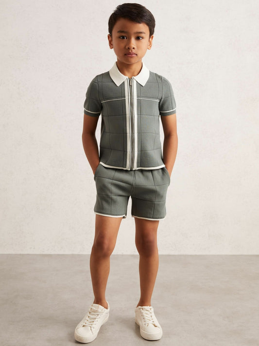 13-14 yrs Tipped Knit Zip-Through Shirt in Dark Sage Green | Reiss Children & Baby Exclusive