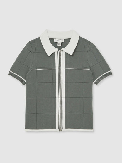 13-14 yrs Tipped Knit Zip-Through Shirt in Dark Sage Green | Reiss Children & Baby Exclusive