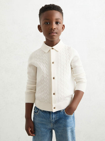 9-13 yrs Wool V-Stitch Button-Through Cardigan in Off White | Reiss Children & Baby Popular