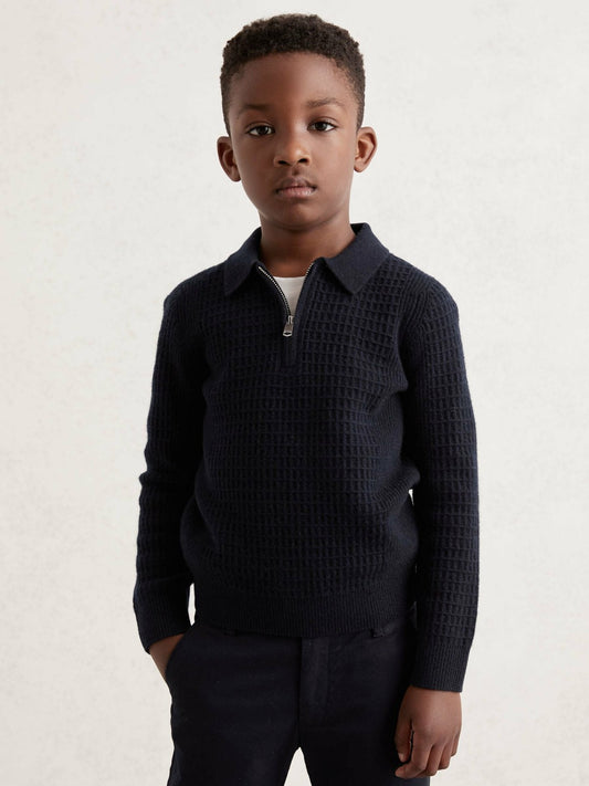3-9 yrs Wool Waffle-Knit Half-Zip Polo Shirt in Navy Blue | Reiss Children & Baby Recommended