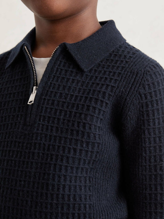 9-13 yrs Wool Waffle-Knit Half-Zip Polo Shirt in Navy Blue | Reiss Children & Baby Premium