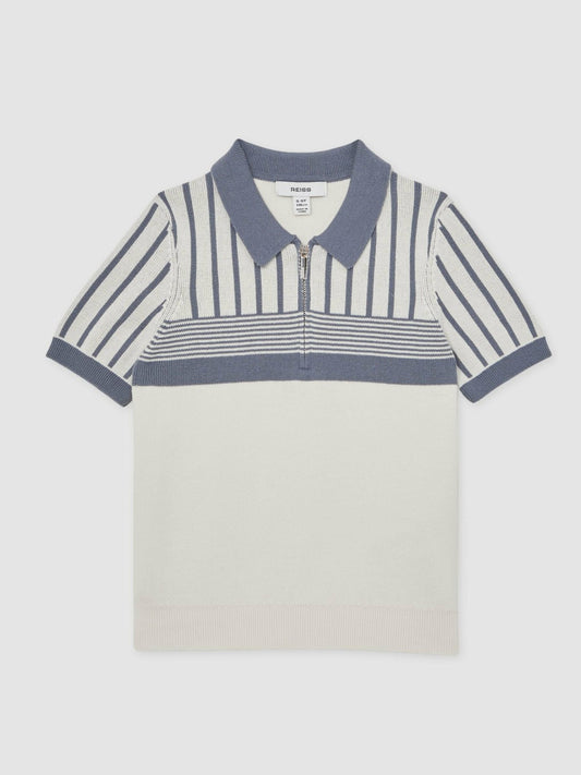 13-14 yrs Cotton Stripe Knit Half-Zip Polo Shirt in Off White/ Airforce Blue | Reiss Children & Baby Trending