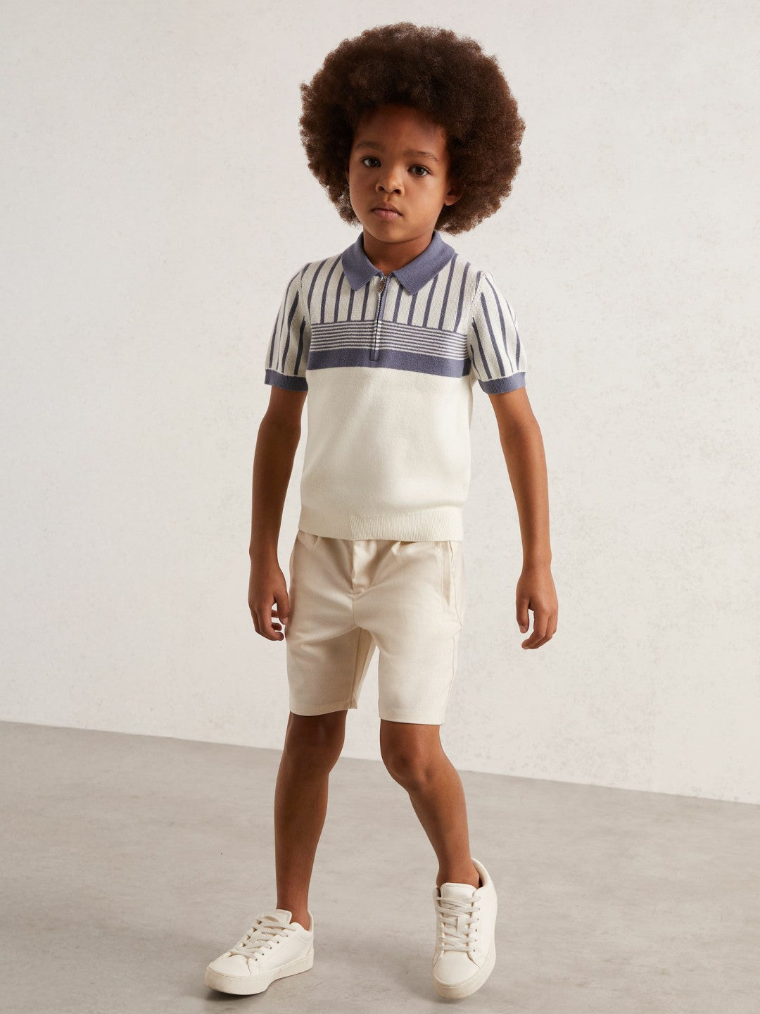 13-14 yrs Cotton Stripe Knit Half-Zip Polo Shirt in Off White/ Airforce Blue | Reiss Children & Baby Trending
