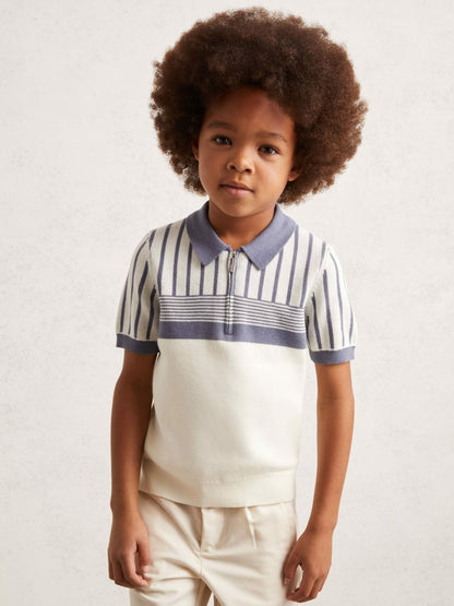 13-14 yrs Cotton Stripe Knit Half-Zip Polo Shirt in Off White/ Airforce Blue | Reiss Children & Baby Trending