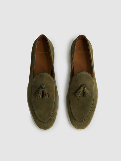 Suede Tassel Loafers in Moss Green | Reiss Men Trending